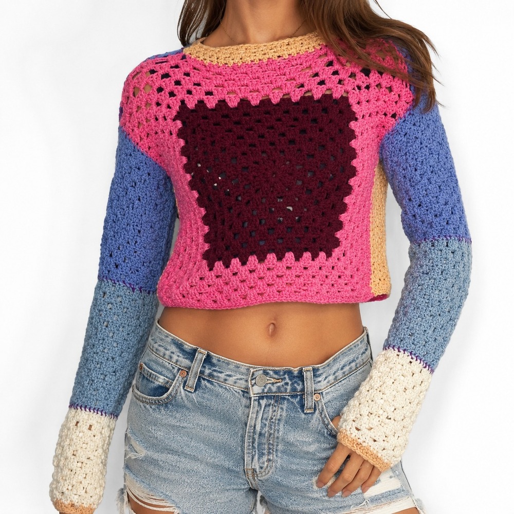 Handmade Crochet Cropped Sweater Women's Small Granny Square Crew Neck